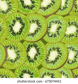Hand-drawn seamless background with kiwi fruit, single, peeled and sliced, realistic drawing. Vector illustration