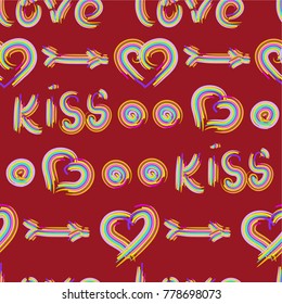 Hand-drawn seamless background for Valentine's Day. Painted hearts and inscriptions in multi-colored strip.