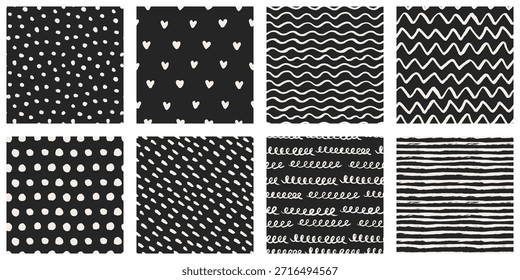 Colección de fondos sin fisuras dibujados a mano con ondas pintadas con pincel, zigzags, corazones, lunares, patrones a rayas. Antiguas texturas oscuras retro, colores apagados blanco y negro.
