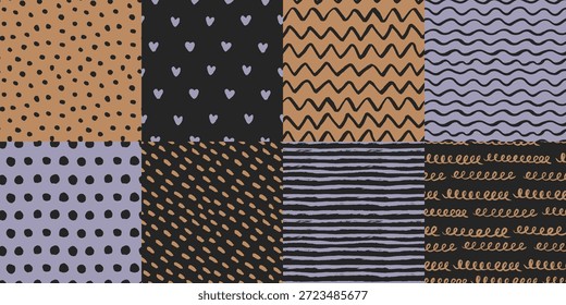 Colección de fondos sin fisuras dibujados a mano con ondas pintadas con pincel, zigzags, corazones, lunares, patrones a rayas. Texturas oscuras para Halloween y más, colores apagados negros y naranjas púrpura.
