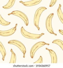 Hand-drawn seamless banana pattern. Endless repeatable background with scattered tropical fruits for printing and decoration. Monochrome vector illustration of fruity texture in vintage style