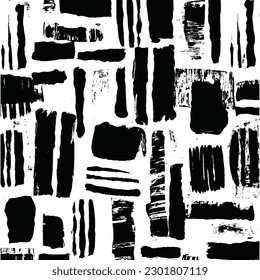 Hand-drawn seamless black and white abstract pattern with brush strokes, in the style of sol lewitt, textured minimalist abstractions, energetic lines