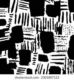 Hand-drawn seamless black and white abstract pattern with brush strokes, in the style of sol lewitt, textured minimalist abstractions, energetic lines