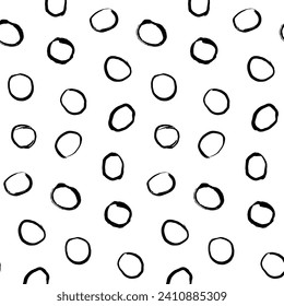A hand-drawn, seamless, black and white vector pattern featuring a grid of grunge circles. This edgy design adds a contemporary touch, suitable for textiles, posters, cards