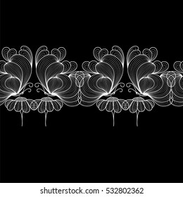 Hand-drawn seamless border of butterflies with floral pattern in doodle art style. Decoration for cards, wedding invitations, congratulations, poster, banner, valentine's day