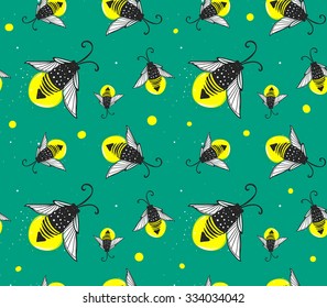 Hand-drawn seamless cartoon fireflies bugs design. Vector illustration.