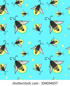 Hand-drawn seamless cartoon fireflies bugs design. Vector illustration.