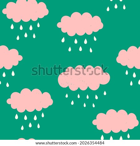 Hand-drawn seamless cartoon  pattern with cute pink clouds with raindrops on green background. Cute autumn  design for baby or kids fabric