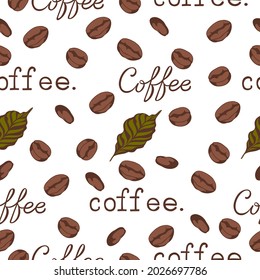 patrón de café sin soldadura a mano con letras y granos de café. ilustración sobre fondo blanco.
