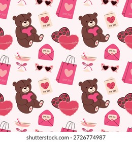 Dibujado a mano sin patrón de San Valentín con osos de peluche y corazones. Lindo diseño de amor para regalos y envoltura.