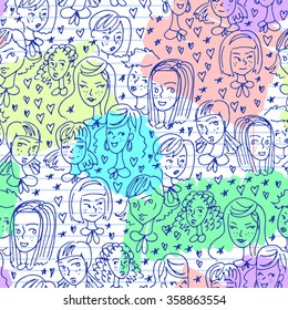 Hand-drawn seamless doodle pattern background with girl faces. Vector school students illustration.