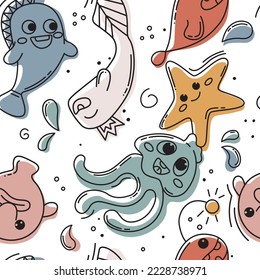 Hand-drawn seamless doodle pattern of doodle colored fish. Hipster abstract doodles with funny creatures. Fish, jellyfish, starfish, blob fish. Kawaii colorful vector pattern for printing.