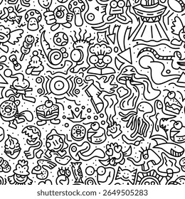 Hand-drawn seamless doodle pattern with sweets, monsters, sea creatures, funny faces, and fantasy elements. Great for coloring pages, packaging, kids' products, and textile prints.