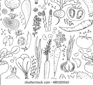 Hand-drawn seamless doodles pattern with different vegetables: tomato, onion, beet, cucumber etc. Harvest repeated background. Line art