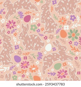 Hand-drawn seamless Easter pattern featuring decorative bunnies with floral details, colorful flowers, and eggs on a soft pastel beige background. A festive and cheerful spring design.