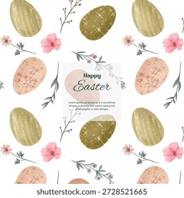 Padrão de Páscoa sem costura desenhado à mão com decorações festivas de feriado em tons brilhantes e coloridos. Ilustração em aquarela 