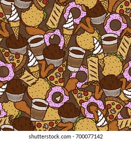 Hand-drawn seamless fast food pattern. Vector illustration.