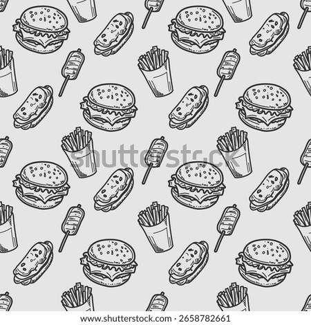 Hand-drawn seamless fast food pattern with burgers, fries, hot dogs, and corn dogs.