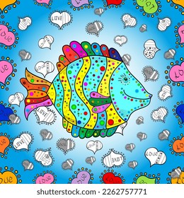 Handdrawn. Seamless. Fish doodle style. Fishes on blue and green. Stripe. Hearts. Frame. vector.