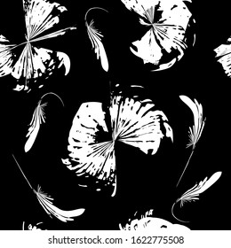 Hand-drawn seamless floral pattern. Abstract white flowers and feathers on  black background. Vector pattern for printing on fabric, gift wrapping, covers, wallpapers.