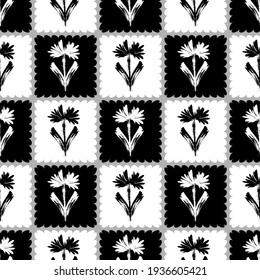 Hand-drawn seamless floral pattern with  daisies and brush strokes .Black and white composition in country style. Vector pattern for printing on fabric, gift wrapping, covers, wallpapers.