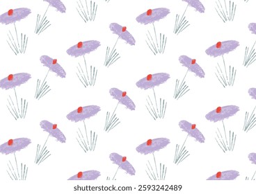 Hand-Drawn Seamless Floral Pattern with Daisies, Leaves, and Soft Pastel Colors. Perfect for Fabric, Wrapping, and Decorative Prints. Vector Illustration.