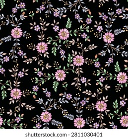 Hand-drawn seamless floral pattern featuring delicate pink blossoms and winding vines on a dramatic black background. Elegant bohemian botanical illustration with contrasting dark background for gothic romance fashion, luxury textiles, and wallpaper.