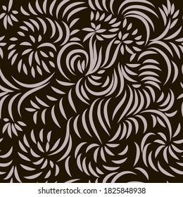 Patrón floral sin fisuras dibujado a mano. Ornamento natural de líneas onduladas sobre fondo negro. Para imprimir sobre telas, tejidos para el hogar, papel pintado.