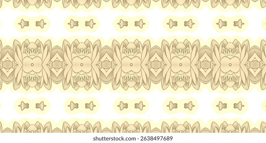 Hand-drawn seamless floral pattern with symmetrical lotus-like flowers and star accents in warm beige tones.