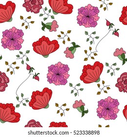 Hand-drawn seamless flower pattern. Abstract garden flowers and fresh branches. Floral vintage background for textile, cover, wallpaper, gift packaging, printing, scrapbooking.