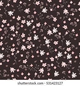 Hand-drawn seamless flower pattern. Abstract simple flowers, twigs and leaves. Floral vintage background for textile, cover, wallpaper, gift packaging, printing, scrapbooking.