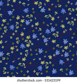 Hand-drawn seamless flower pattern. Abstract simple flowers, twigs and leaves. Floral vintage background for textile, cover, wallpaper, gift packaging, printing, scrapbooking.