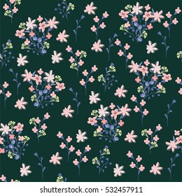 Hand-drawn seamless flower pattern. Abstract simple flowers, twigs and leaves. Floral vintage background for textile, cover, wallpaper, gift packaging, printing, scrapbooking.