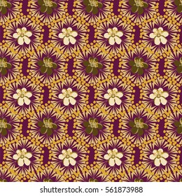 Hand-drawn seamless flower pattern. Abstract simple flowers in a hexagonal cells. Floral vintage background for textile, cover, wallpaper, gift packaging, printing, scrapbooking.