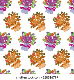 Hand-drawn seamless flower pattern. Bouquet of garden flowers in a festive package. Floral vintage background for textile, cover, wallpaper, gift packaging, printing, scrapbooking.