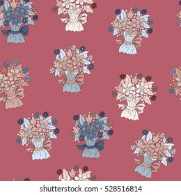 Hand-drawn seamless flower pattern. Bouquet of garden flowers in a festive package. Floral vintage background for textile, cover, wallpaper, gift packaging, printing, scrapbooking.