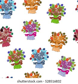 Hand-drawn seamless flower pattern. Bouquet of garden flowers in a festive package. Floral vintage background for textile, cover, wallpaper, gift packaging, printing, scrapbooking.