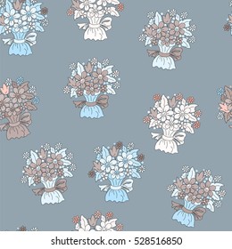 Hand-drawn seamless flower pattern. Bouquet of garden flowers in a festive package. Floral vintage background for textile, cover, wallpaper, gift packaging, printing, scrapbooking.