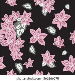 Hand-drawn seamless flower pattern with clematis. Floral romantic background for textile, cover, wallpaper, gift packaging, printing, scrapbooking.
