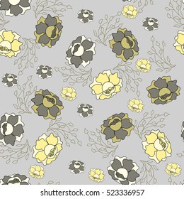 Hand-drawn seamless flower pattern with roses and fresh sprigs. Floral vintage background for textile, cover, wallpaper, gift packaging, printing, scrapbooking.