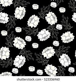 Hand-drawn seamless flower pattern with roses and fresh sprigs. Black and white pattern. Floral vintage background for textile, cover, wallpaper, gift packaging, printing, scrapbooking.