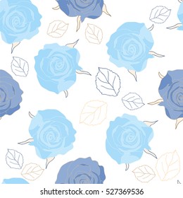 Hand-drawn seamless flower pattern with roses and leaves contour. Floral vintage background for textile, cover, wallpaper, gift packaging, printing, scrapbooking.