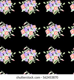Hand-drawn seamless flower pattern with roses and bluebells. Floral vintage background for textile, cover, wallpaper, gift packaging, printing, scrapbooking.