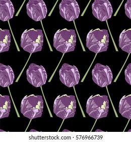 Hand-drawn seamless flower pattern with tulips. Floral vintage background for textile, cover, wallpaper, gift packaging, printing, scrapbooking.