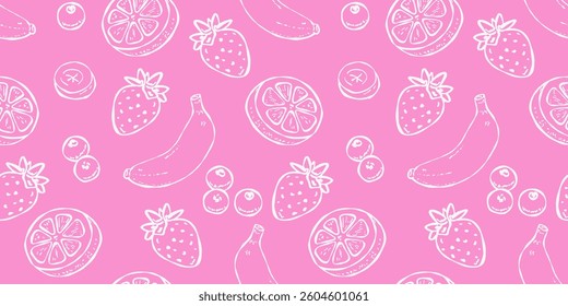 Hand-drawn seamless fruit pattern featuring bananas, strawberries, blueberries, and lemon slices on a vibrant pink background, perfect for fresh, fruity designs and food-related illustrations