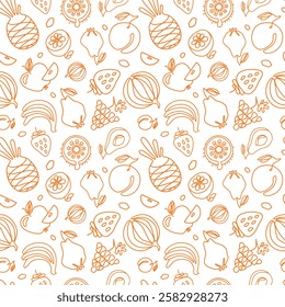 Hand-Drawn seamless fruits pattern. Orange linear fruit on white background. Used for poster, decoration of fabrics, packaging, culinary designs. Vector illustration.