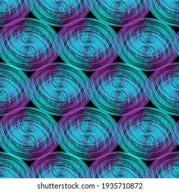 Hand-drawn seamless geometric background with intersecting colorful waves forming a pattern of circular shapes.Vector pattern for printing on fabric, gift wrapping, covers, wallpapers.
