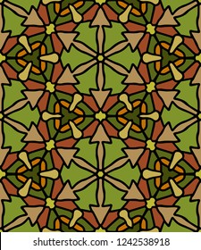 Hand-drawn seamless geometric pattern with arrows, polygons and lines in green and brown colors. Seamless background with abstract geometric ornament.