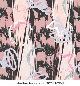 Hand-drawn seamless geometric pattern with brush strokes .Pink stripes and geometric shapes on black background in graffiti style. Vector pattern for printing on fabric, gift wrapping, covers, wallpap