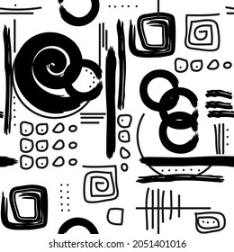 Hand-drawn seamless geometric pattern with brush strokes. Black stripes and geometric shapes on white background in graffiti style. Vector pattern for printing on fabric, gift wrapping, covers, wallpa